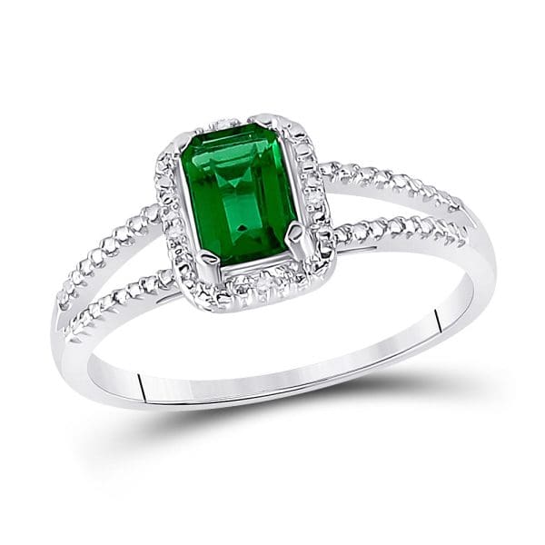 Sterling Silver  Lab-Created Emerald Solitaire Diamond Split-shank Ring 1-1/2 Cttw