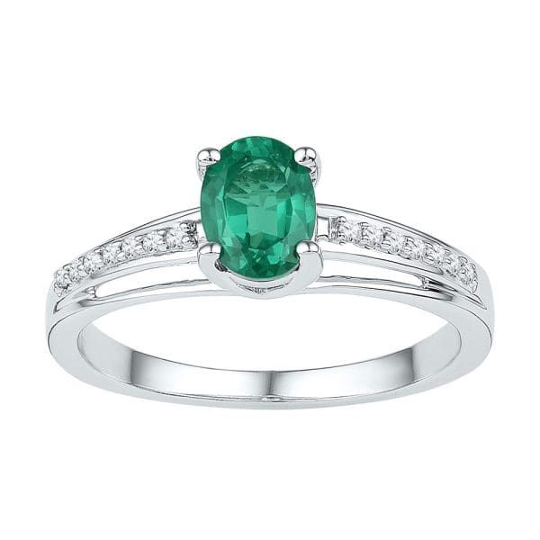 Sterling Silver  Oval Lab-Created Emerald Solitaire Diamond Ring 1/2 Cttw