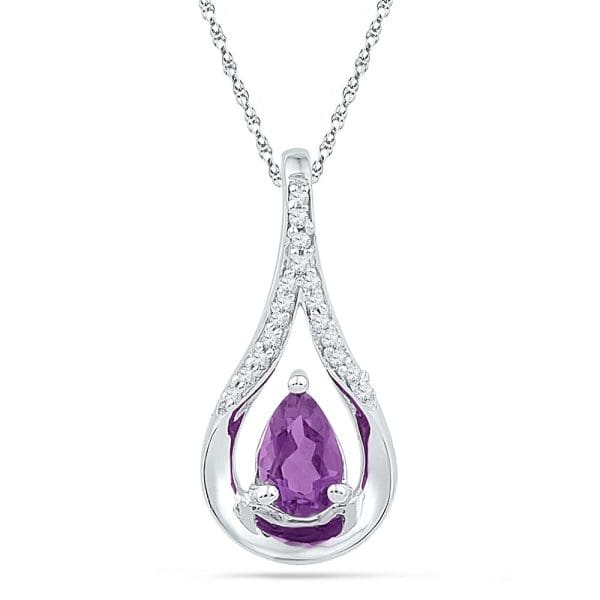 Sterling Silver  Pear Lab-Created Amethyst Solitaire Diamond Teardrop Pendant 1/2 Cttw