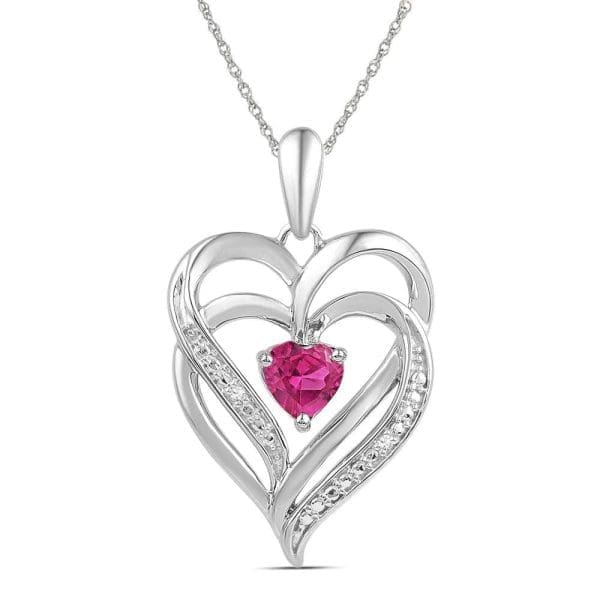 Sterling Silver  Round Lab-Created Pink Sapphire Double Heart Pendant 3/4 Cttw