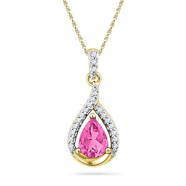 10kt Yellow Gold  Pear Lab-Created Pink Sapphire Solitaire Diamond Pendant 1-5/8 Cttw