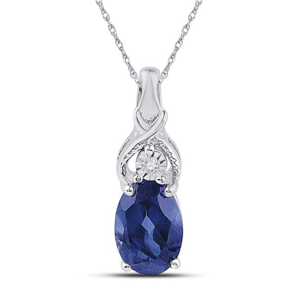 Sterling Silver  Oval Lab-Created Blue Sapphire Solitaire Diamond Pendant 7/8 Cttw