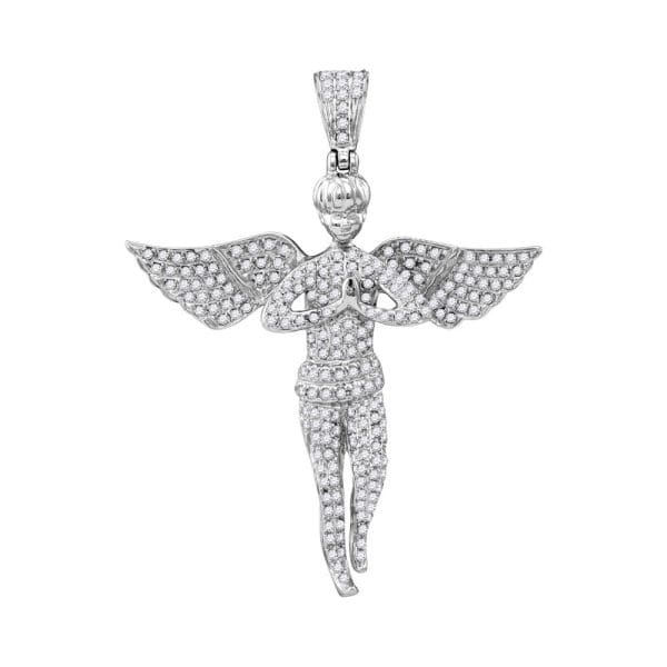 10kt White Gold His Round Diamond Angel Wings Religious Charm Pendant 1 Cttw