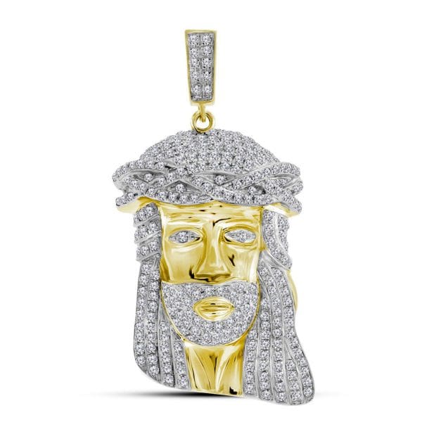 10kt Yellow Gold His Round Diamond Jesus Face Charm Pendant 1-1/4 Cttw