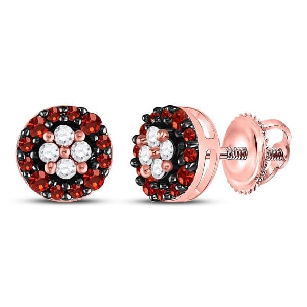 10kt Rose Gold  Round Red Color Enhanced Diamond Cluster Earrings 1/3 Cttw