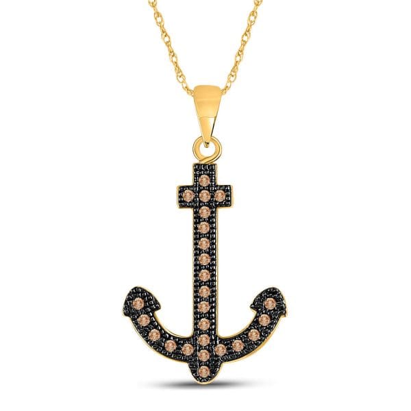 10kt Yellow Gold Round Brown Diamond Anchor Nautical Pendant 1/5 Cttw