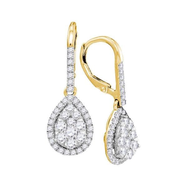 14kt Yellow Gold  Round Diamond Leverback Teardrop Dangle Earrings 1-3/8 Cttw