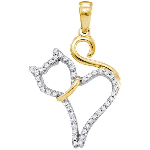 10kt Yellow Gold  Round Diamond Kitty Cat Animal Pendant 1/6 Cttw