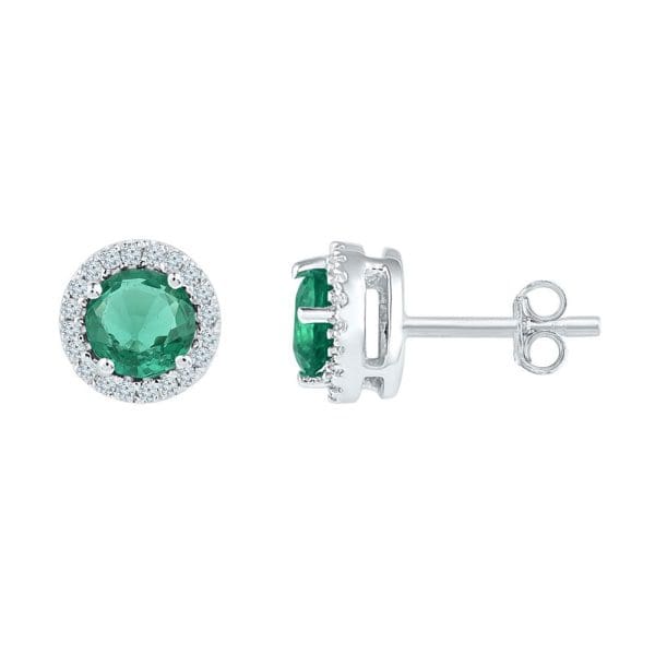10kt White Gold  Round Lab-Created Emerald Solitaire Stud Earrings 1 Cttw