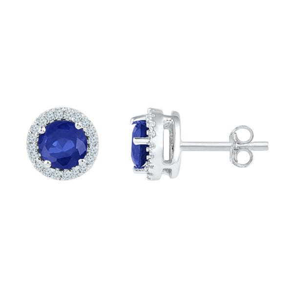 10kt White Gold  Round Lab-Created Blue Sapphire Diamond Stud Earrings 1-1/2 Cttw