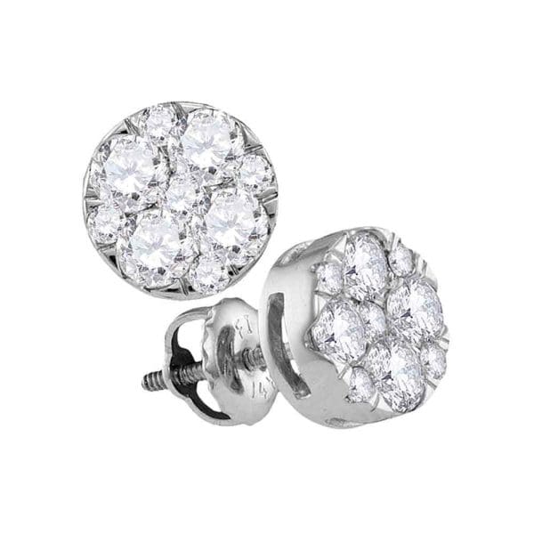 14kt White Gold  Round Diamond Flower Cluster Earrings 1 Cttw