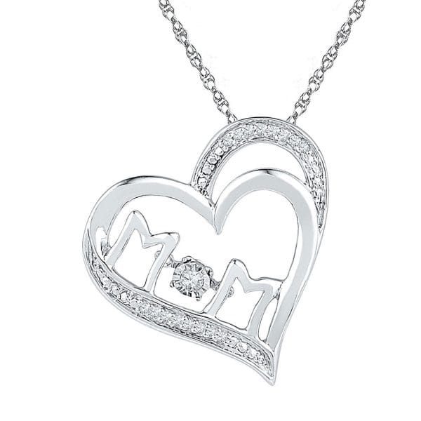 Sterling Silver  Round Diamond Heart Mom Mot Pendant 1/20 Cttw