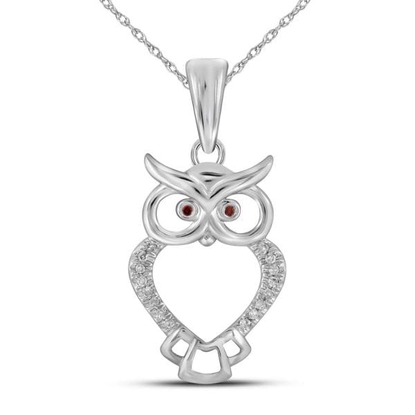 10kt White Gold  Round Red Color Enhanced Diamond Owl Bird Animal Pendant 1/20 Cttw