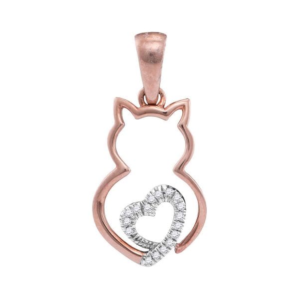 10kt Two-tone Rose Gold  Round Diamond Kitty Cat Animal Pendant 1/20 Cttw