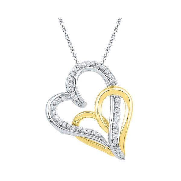 10kt White Gold  Round Diamond Two-tone Double Joined Hearts Pendant 1/6 Cttw