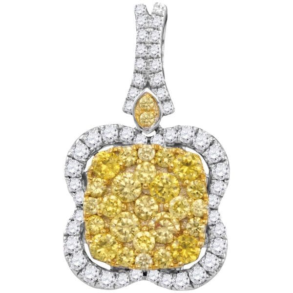 14kt White Gold  Round Yellow Diamond Quatrefoil Frame Cluster Pendant 1-5/8 Cttw