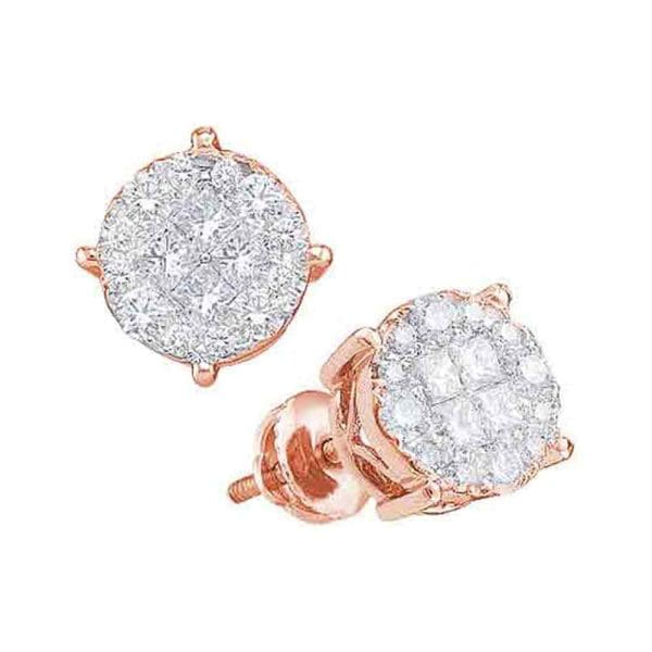 14kt Rose Gold  Princess Round Diamond Fashion Cluster Earrings 1/2 Cttw