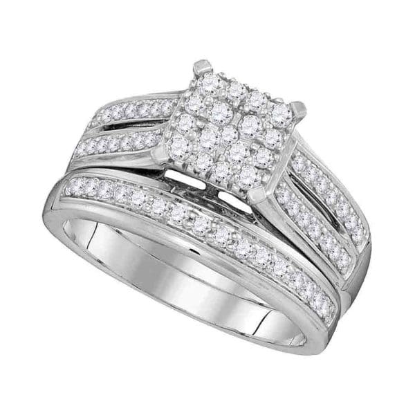 10kt White Gold His s Round Diamond Square Matching Wedding Set 1 Cttw - Image 3