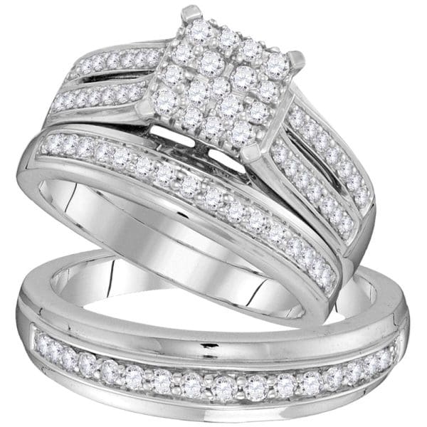 10kt White Gold His s Round Diamond Square Matching Wedding Set 1 Cttw