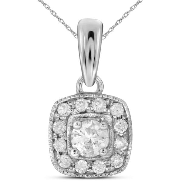 14kt White Gold  Round Diamond Solitaire Square Halo Pendant 1/4 Cttw