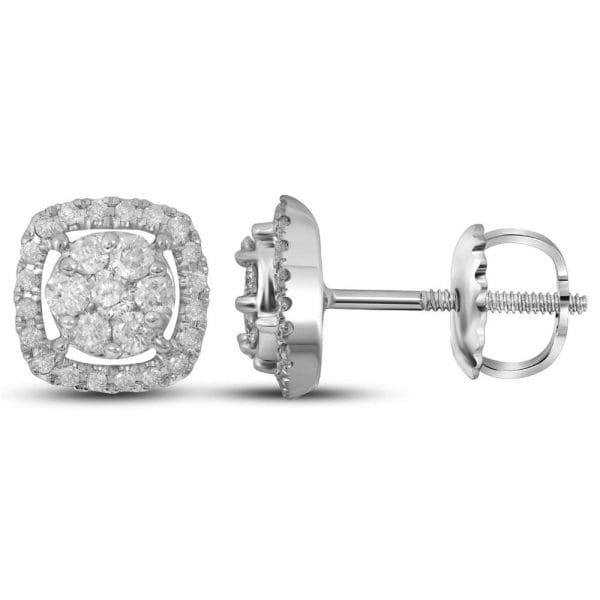 14kt White Gold  Round Diamond Flower Cluster Square Frame Earrings 3/8 Cttw