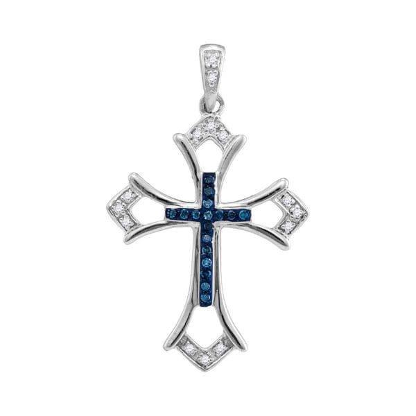 Sterling Silver  Round Blue Color Enhanced Diamond Cross Pendant 1/10 Cttw