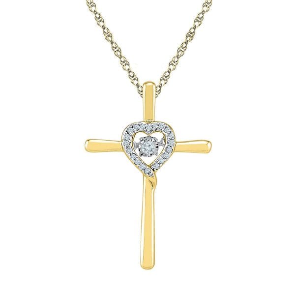 10kt Yellow Gold  Round Diamond Solitaire Cross Heart Religious Pendant 1/10 Cttw