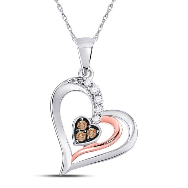 10kt Two-tone Gold  Round Brown Diamond Heart Pendant 1/8 Cttw