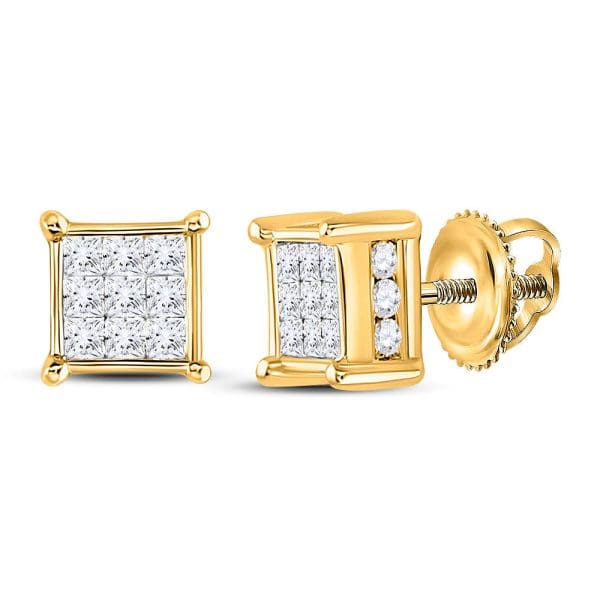 14kt Yellow Gold  Princess Diamond Cluster Stud Earrings 1/2 Cttw