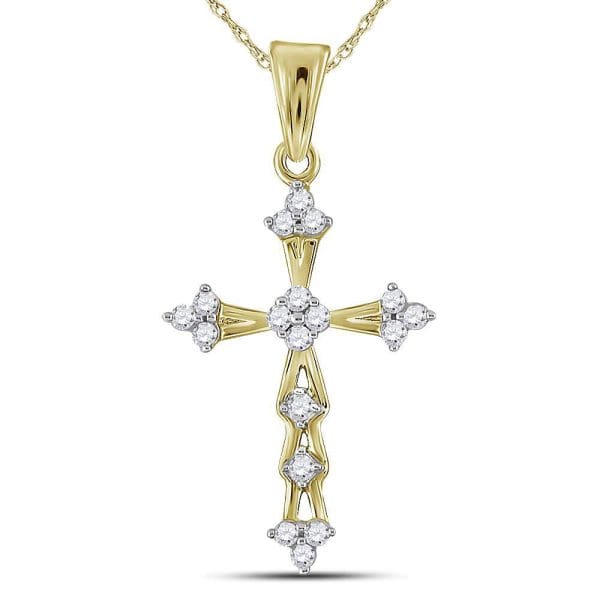 10kt Yellow Gold  Round Diamond Flared Cross Pendant 1/5 Cttw