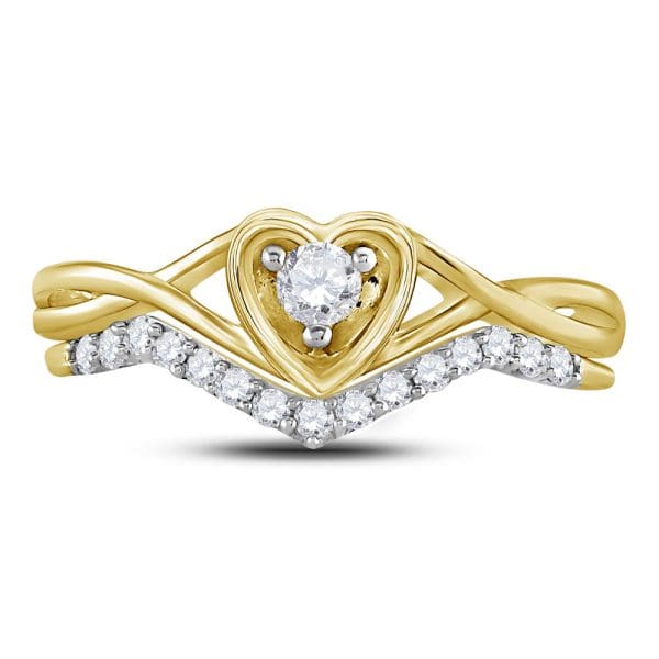 10kt Yellow Gold Round Diamond Heart Bridal Wedding Ring Band Set 1/4 Cttw - Image 2