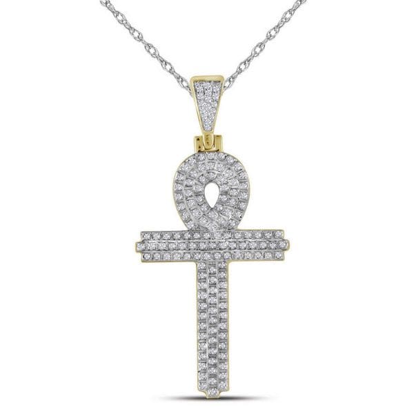 10kt Yellow Gold His Round Diamond Ankh Cross Religious Charm Pendant 3/8 Cttw