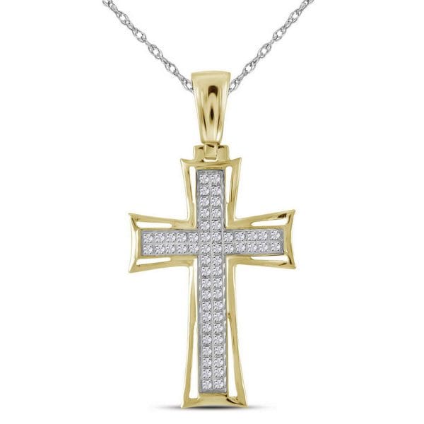 10kt Yellow Gold His Round Diamond Gothic Cross Charm Pendant 1/6 Cttw