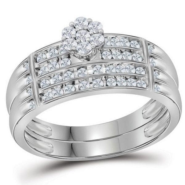 10kt White Gold His s Round Diamond Cluster Matching Wedding Set 5/8 Cttw - Image 2