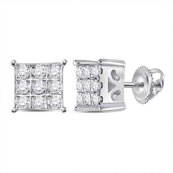 10kt White Gold  Round Diamond Square Cluster Earrings 1/6 Cttw