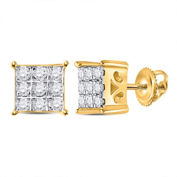 10kt Yellow Gold  Round Diamond Square Cluster Earrings 1/6 Cttw