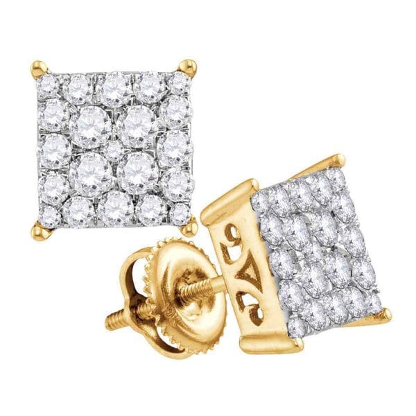 10kt Yellow Gold  Round Diamond Square Cluster Stud Earrings 1 Cttw