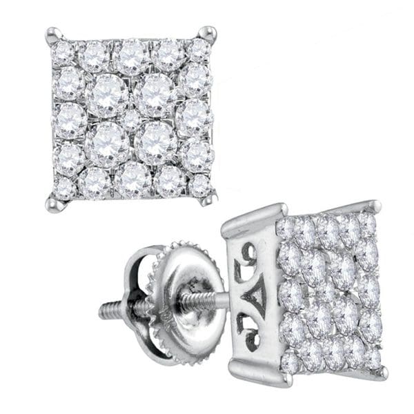 10kt White Gold  Round Diamond Square Cluster Stud Earrings 1 Cttw