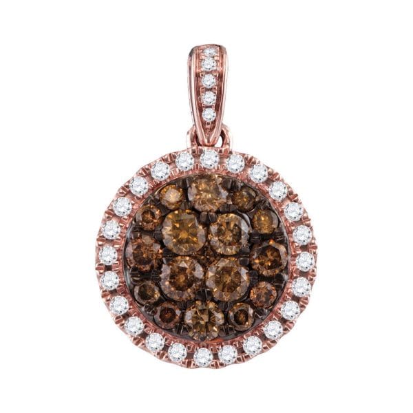 14kt Rose Gold  Round Brown Diamond Circle Cluster Pendant 1 Cttw