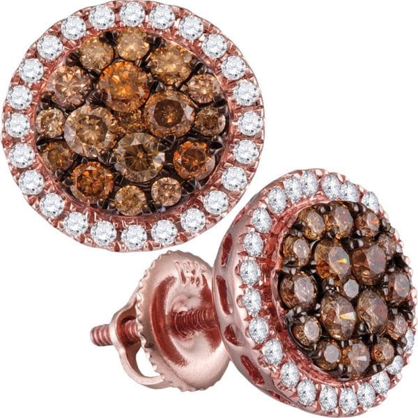 14kt Rose Gold  Round Brown Diamond Circle Frame Cluster Earrings 1 Cttw