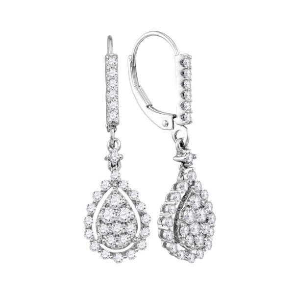 14kt White Gold  Round Diamond Teardrop Frame Cluster Dangle Earrings 7/8 Cttw
