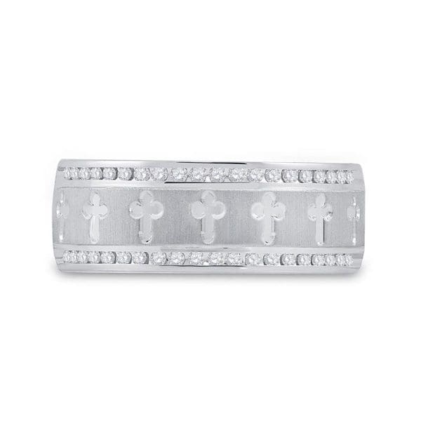 14kt White Gold His Round Diamond Wedding Cross Band Ring 1/4 Cttw - Image 3