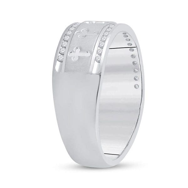 14kt White Gold His Round Diamond Wedding Cross Band Ring 1/4 Cttw - Image 2