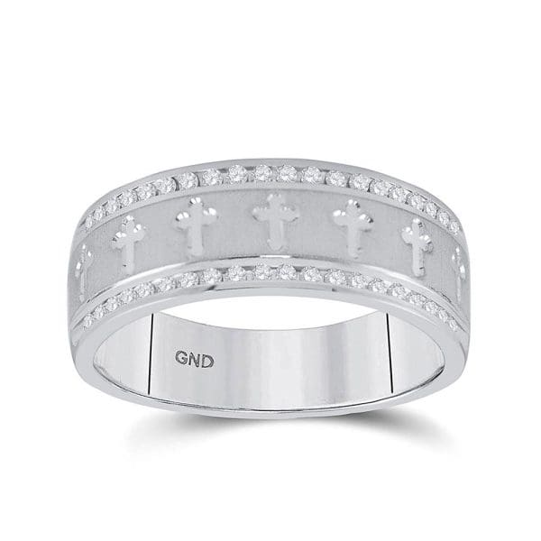 14kt White Gold His Round Diamond Wedding Cross Band Ring 1/4 Cttw
