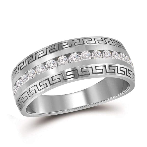 14kt White Gold His Round Diamond Wedding Greek Key Band Ring 1 Cttw
