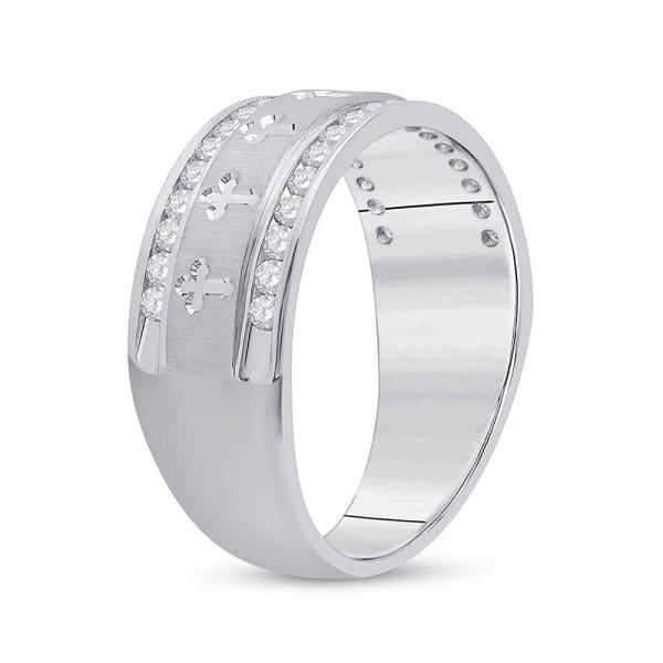 14kt White Gold His Round Diamond Wedding Cross Band Ring 1/2 Cttw - Image 3