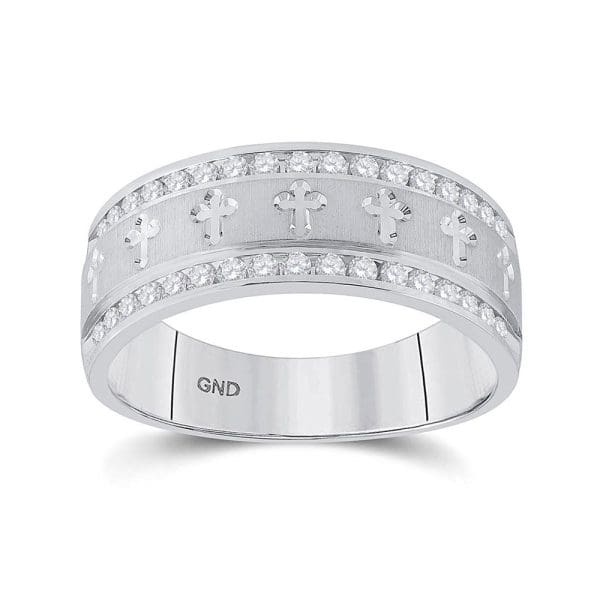 14kt White Gold His Round Diamond Wedding Cross Band Ring 1/2 Cttw
