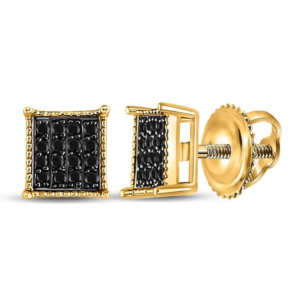 10kt Yellow Gold His Round Black Color Enhanced Diamond Square Stud Earrings 1/10 Cttw