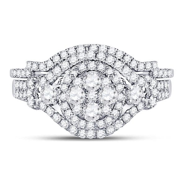 14kt White Gold Round Diamond Cluster Bridal Wedding Ring Band Set 1 Cttw - Image 2