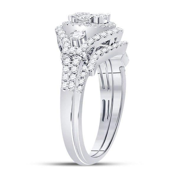 14kt White Gold Round Diamond Cluster Bridal Wedding Ring Band Set 1 Cttw - Image 3